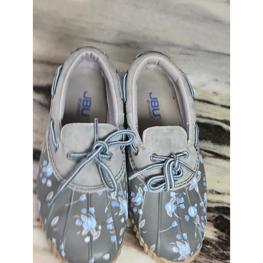 JBU by Jambu Gwen Garden Ready Grey Blue Floral Duck Shoes Rain Loafers Womens 6